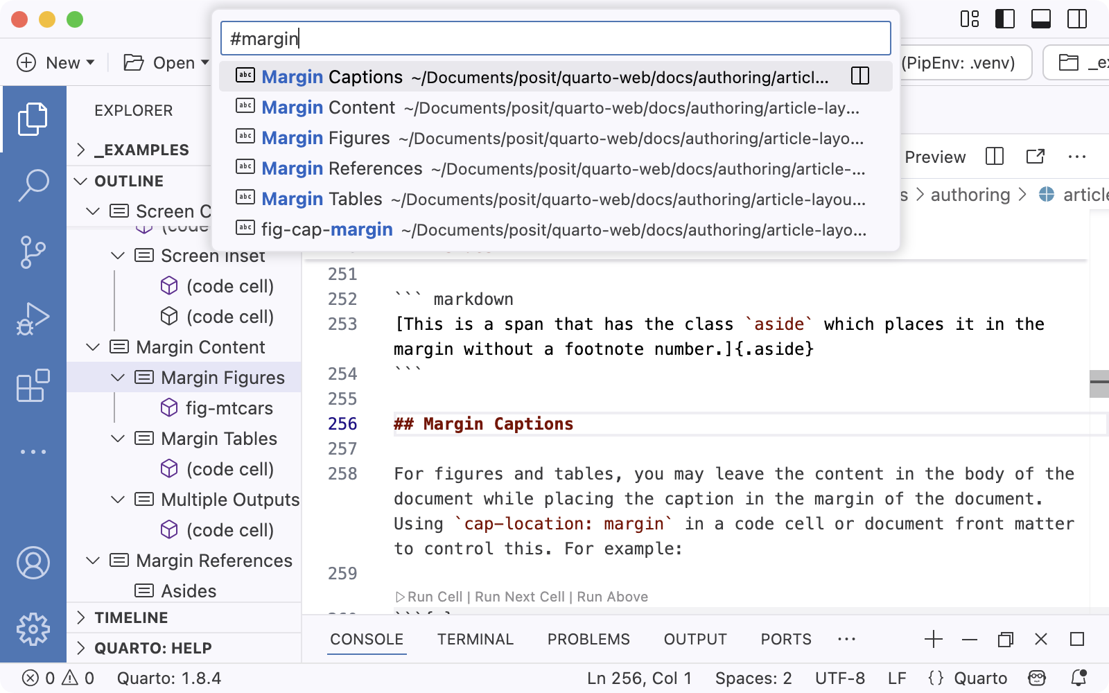Quarto document in Positron with command palette open showing the files in the project with the entered term, 'margin'.